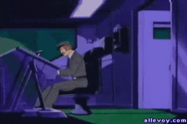 a cartoon of a man sitting at a desk and a lizard standing next to him