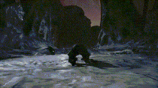 a silhouette of a person standing in the snow in a dark cave
