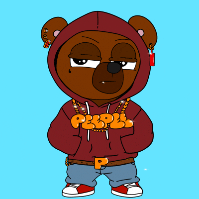 a cartoon of a bear wearing a red hoodie that says pe3pl3