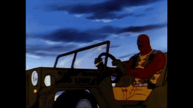 a cartoon character is driving a jeep that says ' good light ' on the side