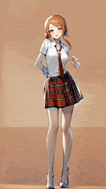 a girl wearing a plaid skirt and tie is standing on one leg