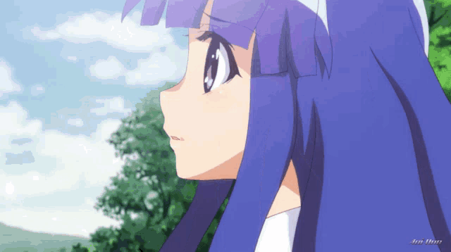 a picture of a girl with purple hair and the words for them on the bottom right
