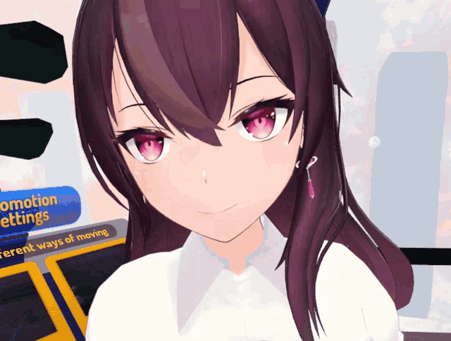 a close up of a girl 's face in front of a screen that says ' omotion settings '