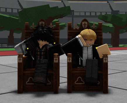 two anime characters sitting on thrones with a cross on the arm rests