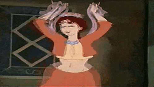 a cartoon drawing of a woman in a red dress dancing