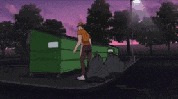 a man in an orange shirt and orange hat is standing in front of a green dumpster