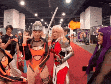 a woman in a purple wig is holding a sword