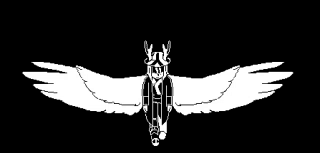 a black and white drawing of a person with wings and a crown on a black background .