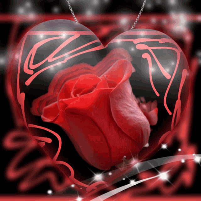 a red rose is inside of a heart shaped balloon