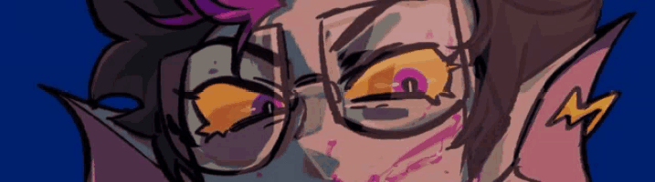 a close up of a drawing of a person with glasses and a purple hair .