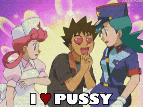 a cartoon of a man with heart shaped eyes and the words " i love pussy " below him