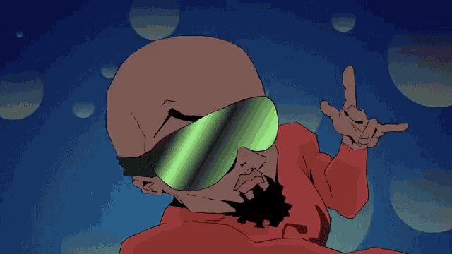 a cartoon character wearing a red hoodie and green goggles is making a peace sign