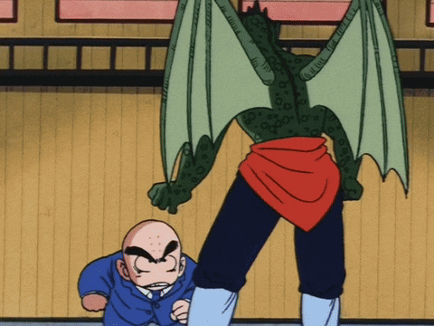 a cartoon of a man sitting on the ground looking at a baby and a monster