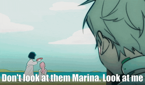 a poster that says do n't look at them marina look at me with a man and two women