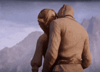 a man and a woman are standing next to each other in front of mountains