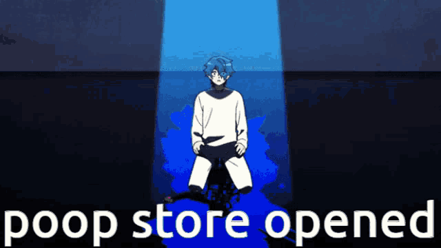a cartoon of a boy kneeling down with the words poop store opened below him