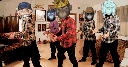 a group of men are dancing in a living room with monkeys on their faces