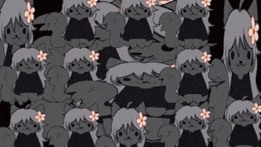 a bunch of cartoon characters with flowers on their hair