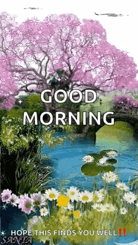 a good morning greeting card with flowers and a cherry blossom tree