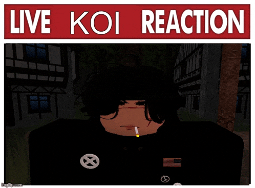 a poster that says live koi reaction with a man smoking a cigarette