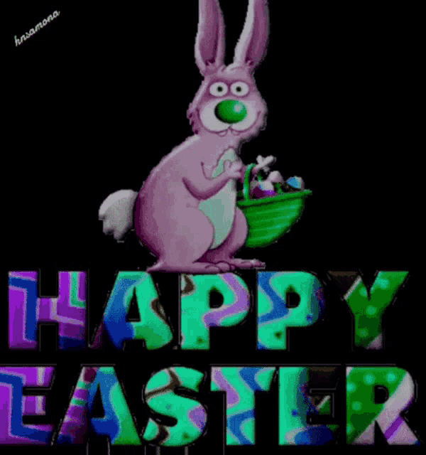 a happy easter greeting card with a bunny holding a basket full of eggs