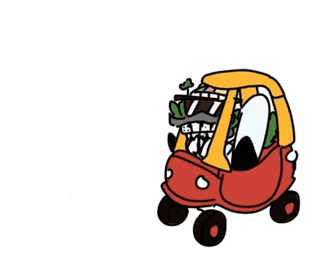 a cartoon drawing of a red toy car with a yellow roof