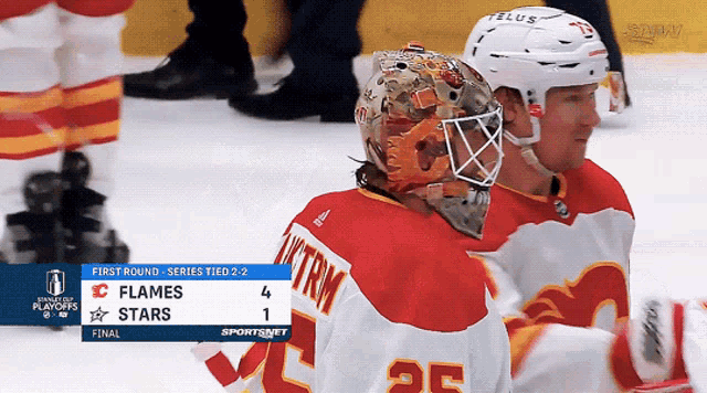 a hockey game between the flames and the stars is tied 2-2