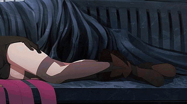 a woman is laying on a couch with a sword