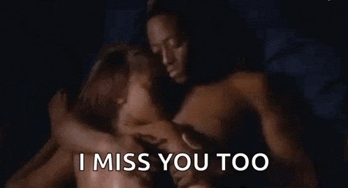 a man and a woman are hugging each other in the dark and the man is saying `` i miss you too '' .