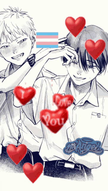 a black and white drawing of two boys with hearts around them and the words " i love you " in the middle