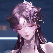 a close up of a woman 's face with purple hair and purple flowers in her hair .