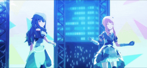 two anime girls are dancing on a stage with a building in the background