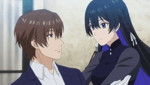 a man and a girl are looking at each other and the girl has a purple ponytail