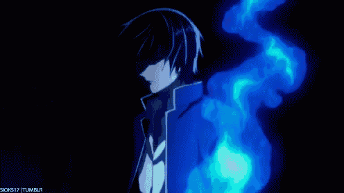 a man in a blue jacket is surrounded by blue smoke