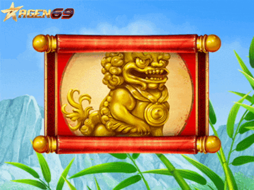 a picture of a golden lion on a red scroll with the letters ageng9 on the bottom
