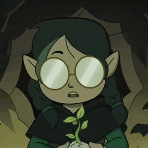 a cartoon girl wearing glasses is holding a plant in her hands .