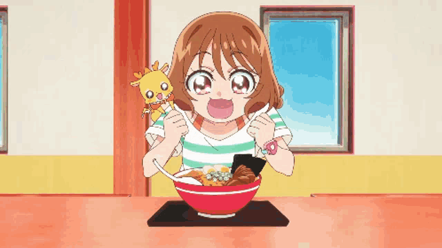 a cartoon girl is eating a bowl of ramen