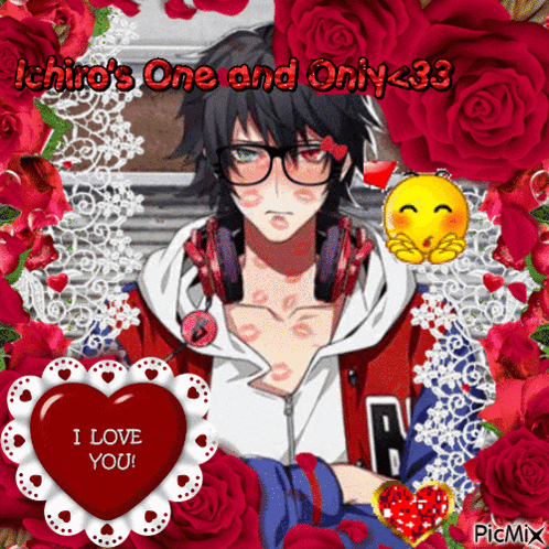 a picture of a boy with headphones surrounded by roses and a heart that says i love you