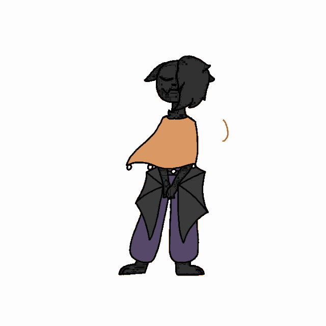 a drawing of a bat wearing purple pants and an orange sweater