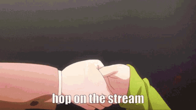 two people fist bump with the words hop on the stream behind them