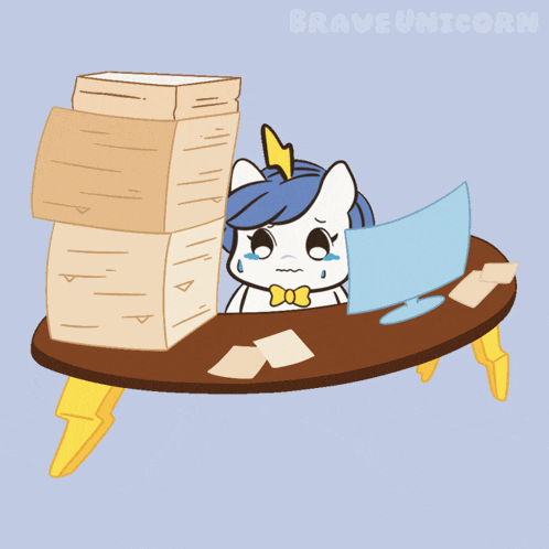 a cartoon of a unicorn sitting at a desk with a stack of papers behind her and the words braveunicorn below her