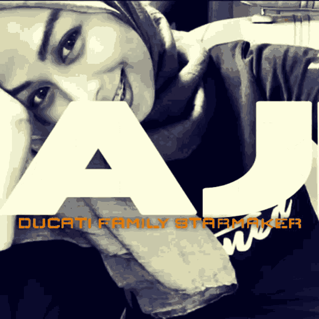 a black and white photo of a woman with a ducati family stamper logo behind her