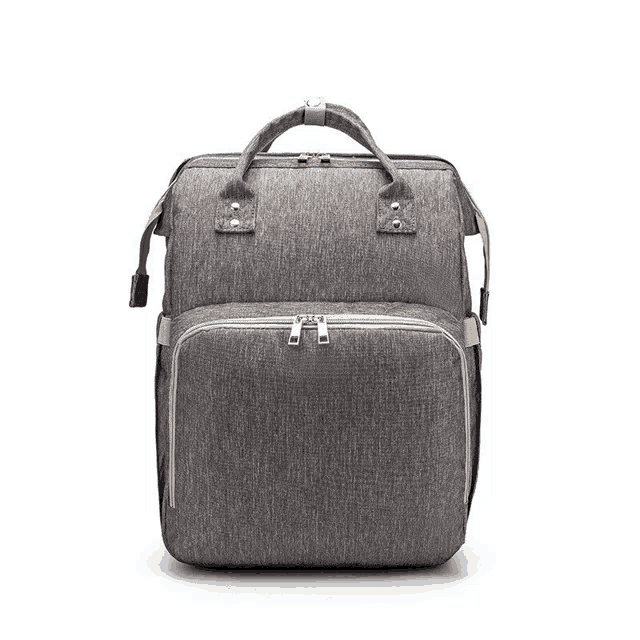 a gray diaper bag with a gold zipper