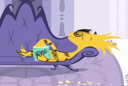 a cartoon character is laying on a couch holding a bag of chips