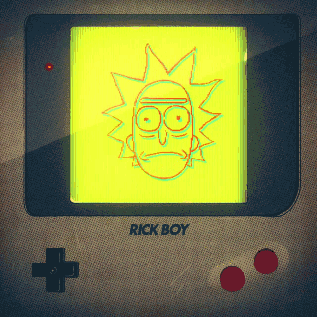 a rick and morty game console with a yellow screen