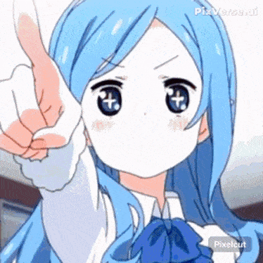 a girl with blue hair is pointing at the camera with her finger