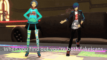 a man and a woman are dancing in a video game with the words " when you find out you re both fakecans "