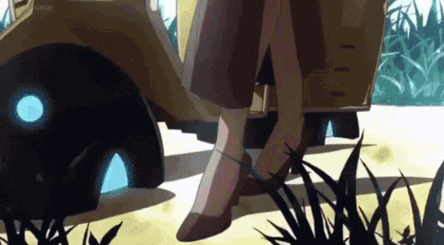 a woman is standing next to a car in a cartoon .