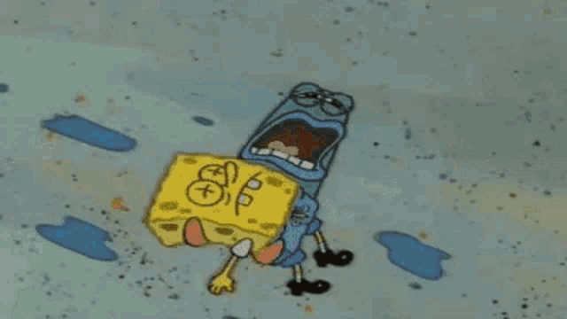 a group of spongebob squarepants characters are standing on a beach and asking why !