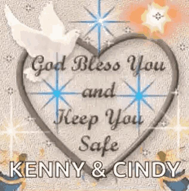 a picture of a heart with a dove and the words `` god bless you and keep you safe '' .
